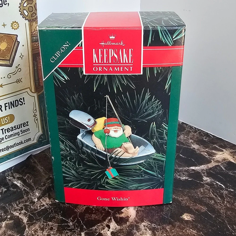 Vintage 1992 Hallmark Keepsake Ornament Gone Wishin Santa Fishing Boat QX517-1